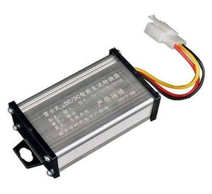 36V 48V 72V 120V To 12V 10A DC To DC Converter Adapter Step Down Regulator - a rectangular silver metal unit with a black end cap and a three-wire connector cable.