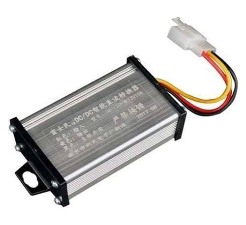 36V 48V 72V 120V To 12V 10A DC To DC Converter Adapter Step Down Regulator - a rectangular silver metal unit with a black end cap and a three-wire connector cable.