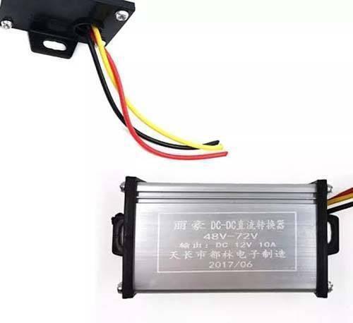 36V 48V 72V 120V To 12V 10A DC To DC Converter Adapter Step Down Regulator - a silver rectangular unit with three wires and a black mounting bracket.