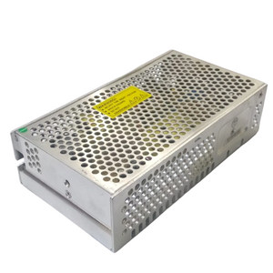 36V 5A Power Supply - shown as a rectangular silver metal unit with a perforated top and side cover and a yellow warning label.