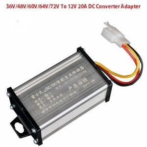 36V 72V To 12V 20A DC Converter Adapter - shown as a rectangular silver metal box with a black end cap and a three-wire connector cable.