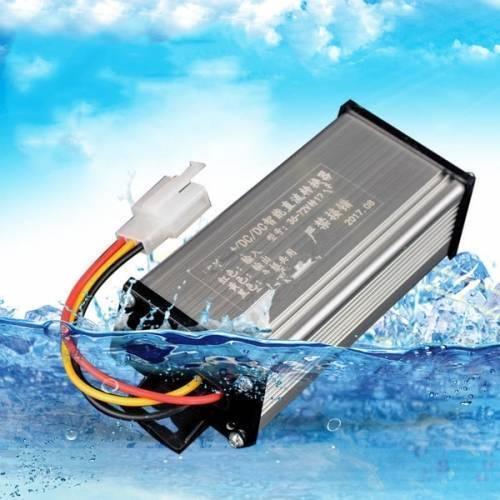 36V 72V To 12V 20A DC Converter Adapter - shown as a metallic rectangular block with three wires and a white plastic connector, partially submerged in water.