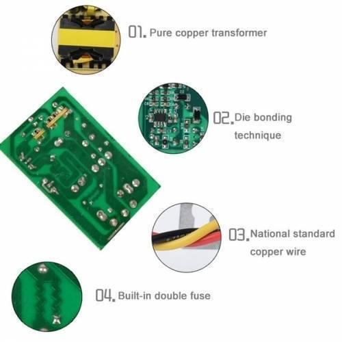 36V 72V To 12V 20A DC Converter Adapter - shown in a diagram with close-up circular insets highlighting its internal circuit board, transformer, and wiring.