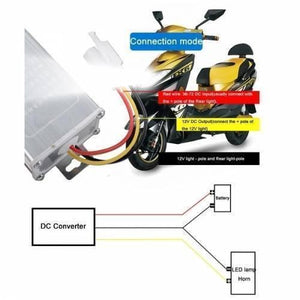 36V 72V To 12V 20A DC Converter Adapter - shown with a silver metallic housing, three-wire output, and a wiring diagram for scooter light installation.
