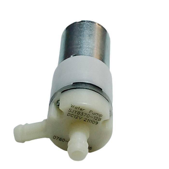 370-12B Micro Water Pump 12V DC High Quality - a white plastic pump with two nozzles and a silver cylindrical motor, labeled with model and voltage specifications.