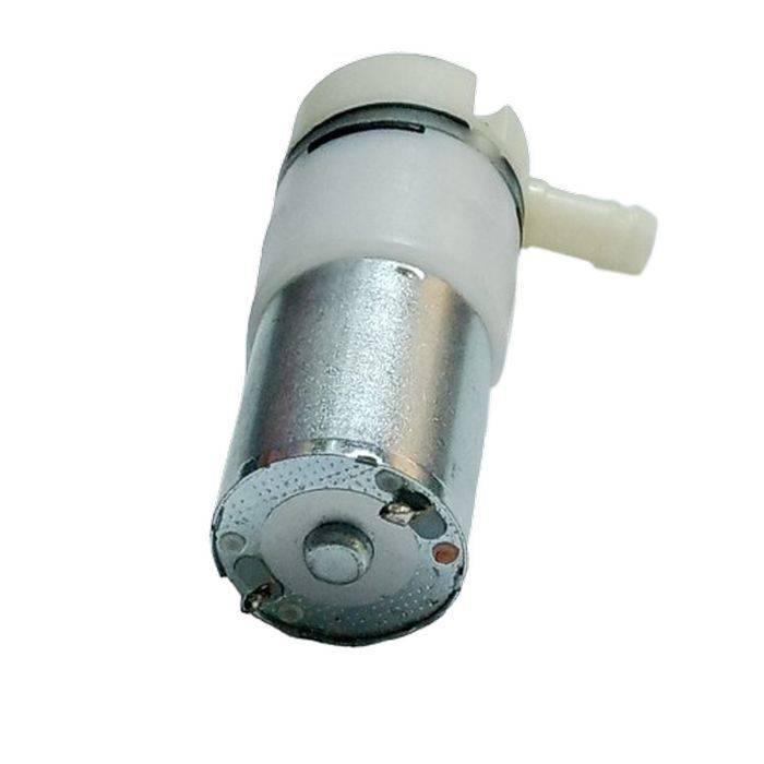 370-12B Micro Water Pump 12V DC High Quality - a silver cylindrical motor attached to a white plastic pump housing with a single side-facing nozzle.