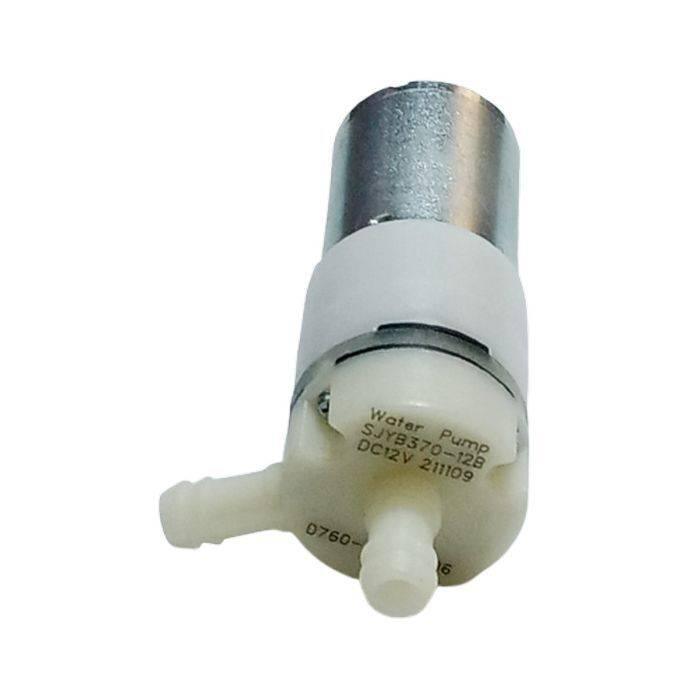 370-12B Micro Water Pump 12V DC High Quality - a white and metallic cylindrical pump with two plastic nozzles protruding from the front face.
