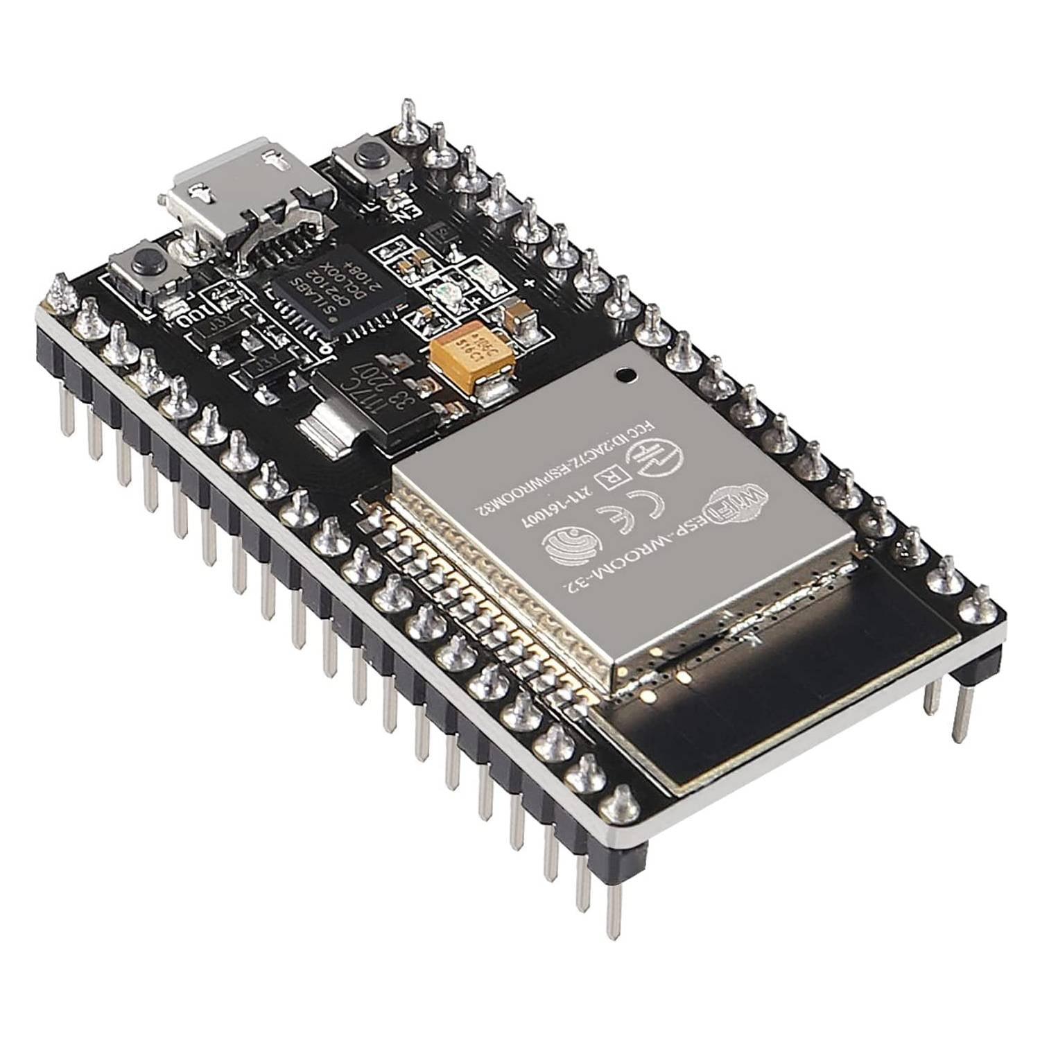 38 Pin Nodemcu ESP32S Microcontroller WiFi & Bluetooth ESP Wroom 32 Development Board Module CH9102X - a black rectangular development board with a USB-C port, two push buttons, and a silver ESP-WROOM-32 metal shield.