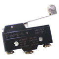 380VAC 220VDC 10A Micro Limit Switch Limitswitch Instantaneous Parallel Roller Hinge Lever Plunger LXW5-11G1 - Z-15GW2-B micro switch, a black rectangular limit switch with a metal roller hinge lever, three screw terminals, and printed technical specifications.