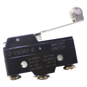 380VAC 220VDC 10A Micro Limit Switch Limitswitch Instantaneous Parallel Roller Hinge Lever Plunger LXW5-11G1 - Z-15GW2-B micro switch, a black rectangular limit switch with a metal roller hinge lever, three screw terminals, and printed technical specifications.
