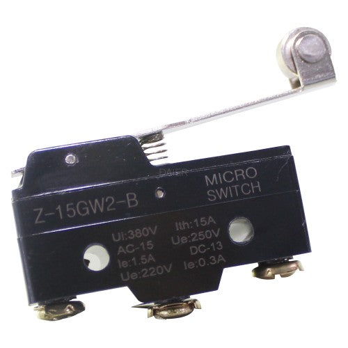 380VAC 220VDC 10A Micro Limit Switch Limitswitch Instantaneous Parallel Roller Hinge Lever Plunger LXW5-11G1 - Z-15GW2-B micro switch, a black rectangular limit switch with a metal roller hinge lever, three screw terminals, and printed technical specifications.