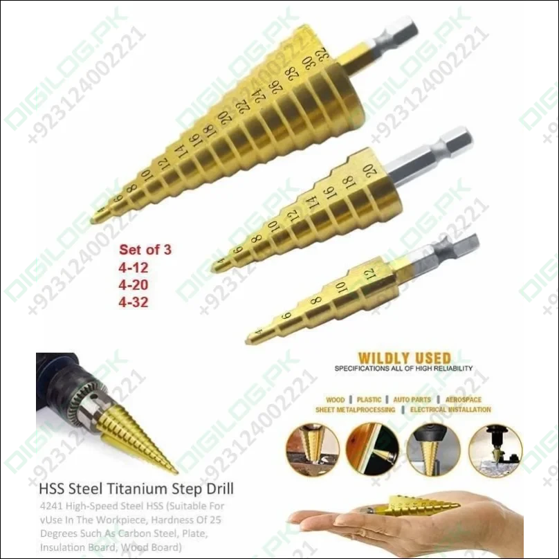 3pcs Hss Titanium Coated Step Drill Bit Set 1/4’ Hex