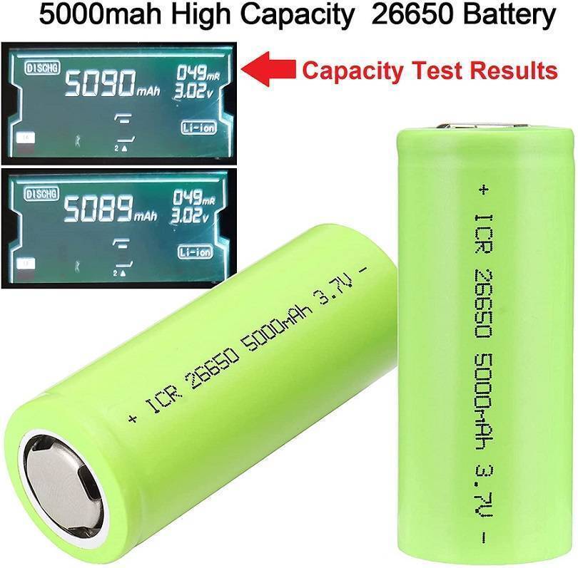 3c Discharge Hly Ncm 26650 5Ah 5000mAh Lithium Ion Battery Cell For E-bike Battery Pack - two green cylindrical batteries and two digital displays reading 5090mAh and 5089mAh.