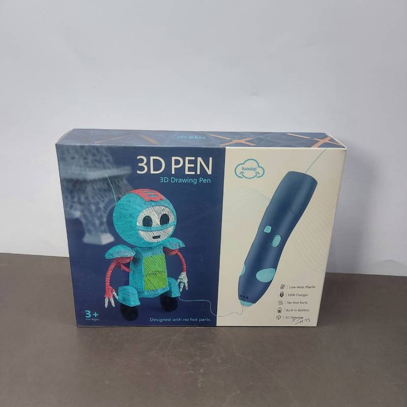 3d Pen For 3d Printing, Pcl Drawing Pen, USB Chargeable 3d Pen With Safe Pcl Filament - packaging box showing a blue and teal 3D drawing pen and a 3D-printed robot figure on the front.