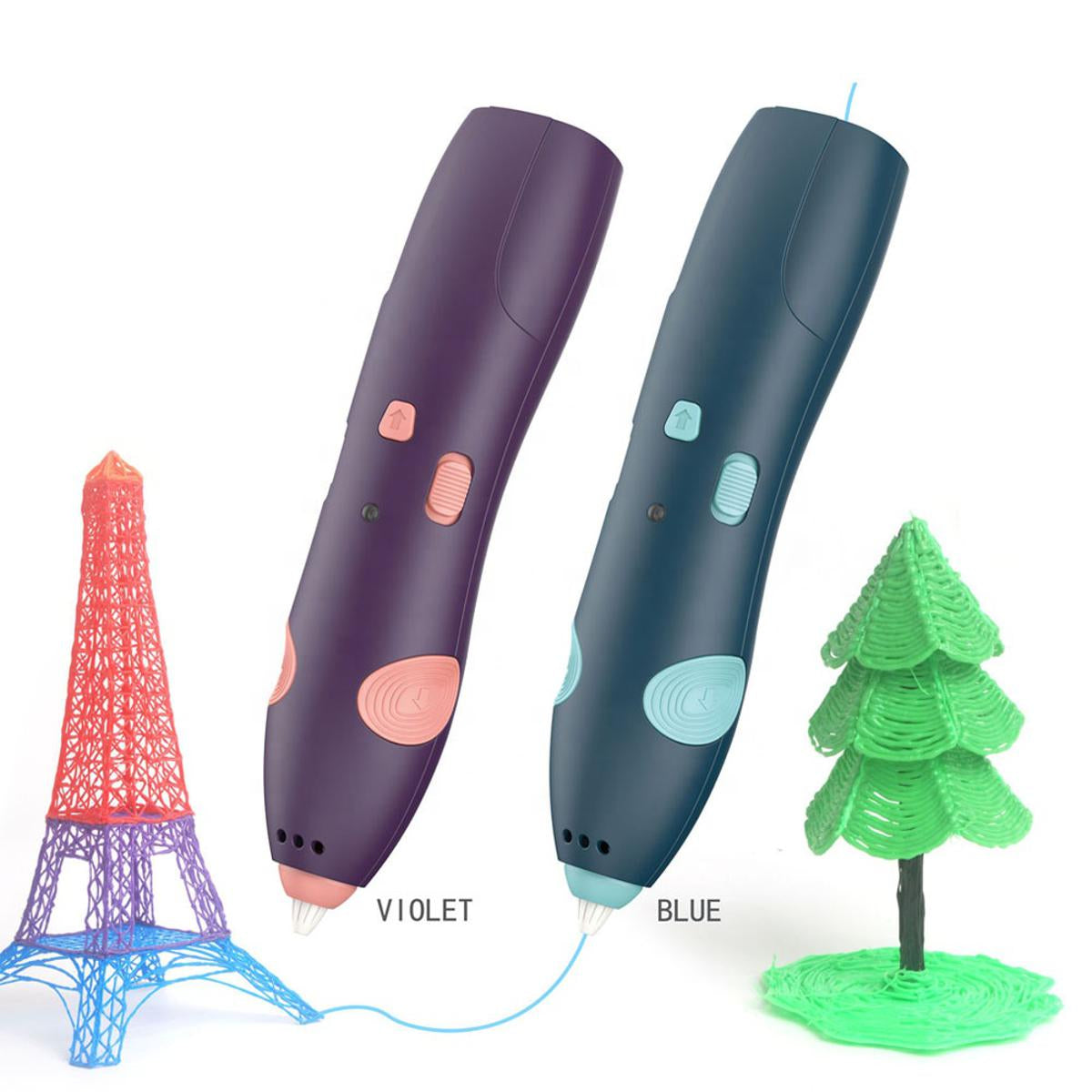 3d Pen For 3d Printing, Pcl Drawing Pen, USB Chargeable 3d Pen With Safe Pcl Filament - a violet and a blue 3D pen with buttons next to models.