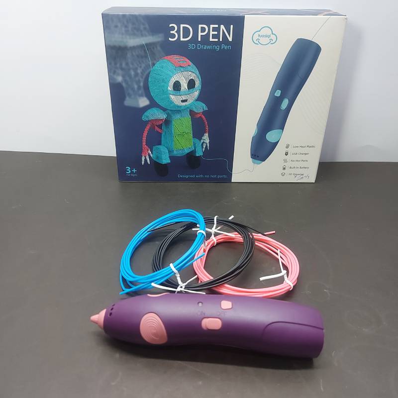 3d Pen For 3d Printing, Pcl Drawing Pen, USB Chargeable 3d Pen With Safe Pcl Filament - shown with its purple and pink drawing pen, three coils of filament, and the product box featuring a robot design.