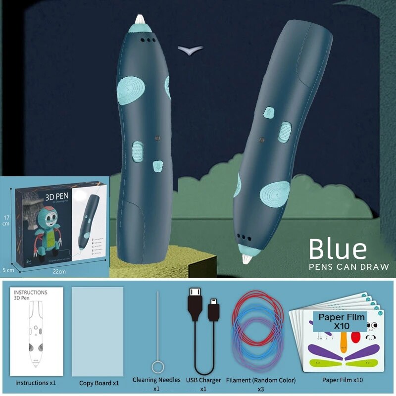 3d Pen For 3d Printing, Pcl Drawing Pen, USB Chargeable 3d Pen With Safe Pcl Filament - a blue 3D pen, its packaging box, instructions, a copy board, cleaning needles, USB charger, and filament.