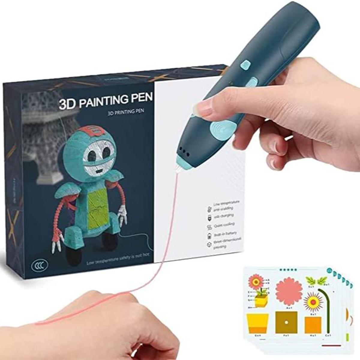 3d Pen For 3d Printing, Pcl Drawing Pen, USB Chargeable 3d Pen With Safe Pcl Filament - shown in use with a hand drawing on skin, next to its illustrated product box and a set of printed design templates.