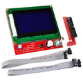 3d Printer 128×64 Smart LCD Controller For Ramps 1.4 - a red circuit board with a blue screen, a rotary knob, a button, two ribbon cables, and an adapter.