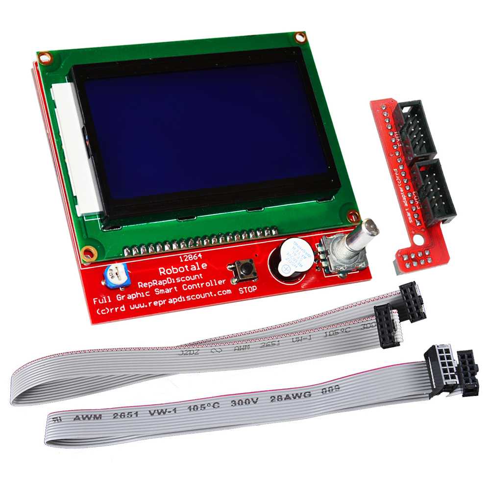 3d Printer 128×64 Smart LCD Controller For Ramps 1.4 - a red circuit board with a blue screen, a rotary knob, a button, two ribbon cables, and an adapter.