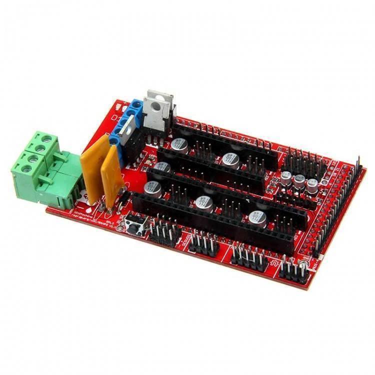 3d Printer Controller Board Ramps 1.4 Arduino Mega Shield Reprap Prusa Model - a red circuit board with green screw terminals, pin headers, and capacitors.