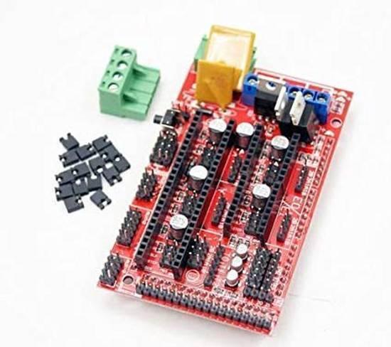 3d Printer Controller Board Ramps 1.4 Arduino Mega Shield Reprap Prusa Model - a red circuit board with pin headers, connectors, and a set of black jumper caps.