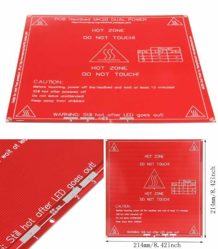 3d Printer PCB Heated Bed Mk2b 12V And 24V - a square red heating plate with white printed warning text, connection pins, and a dimension diagram overlay.