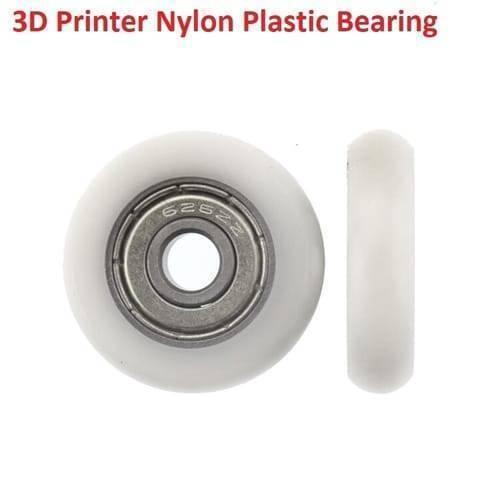 3d Printer Track Roller Nylon Plastic Bearing Pulley - two views of a white circular roller pulley with a centered metal ball bearing marked 625ZZ.