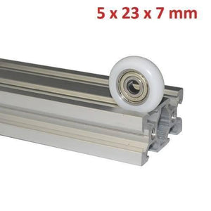 3d Printer Track Roller Nylon Plastic Bearing Pulley - shown as a white wheel mounted on a silver metal extrusion track with dimensions labeled above.