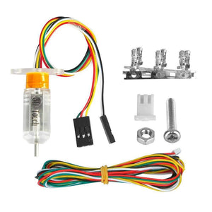 3d Touch Auto Bed Leveling Sensor For Ender 3 V2, Ender 3 Pro, Ender 3 Series, Ender 5 Pro, Ender 5 Plus, CR10 Series And Other 3d Printers - a transparent sensor, two multi-coloured wire harnesses, metal terminals, a white connector, bolt, and nut.