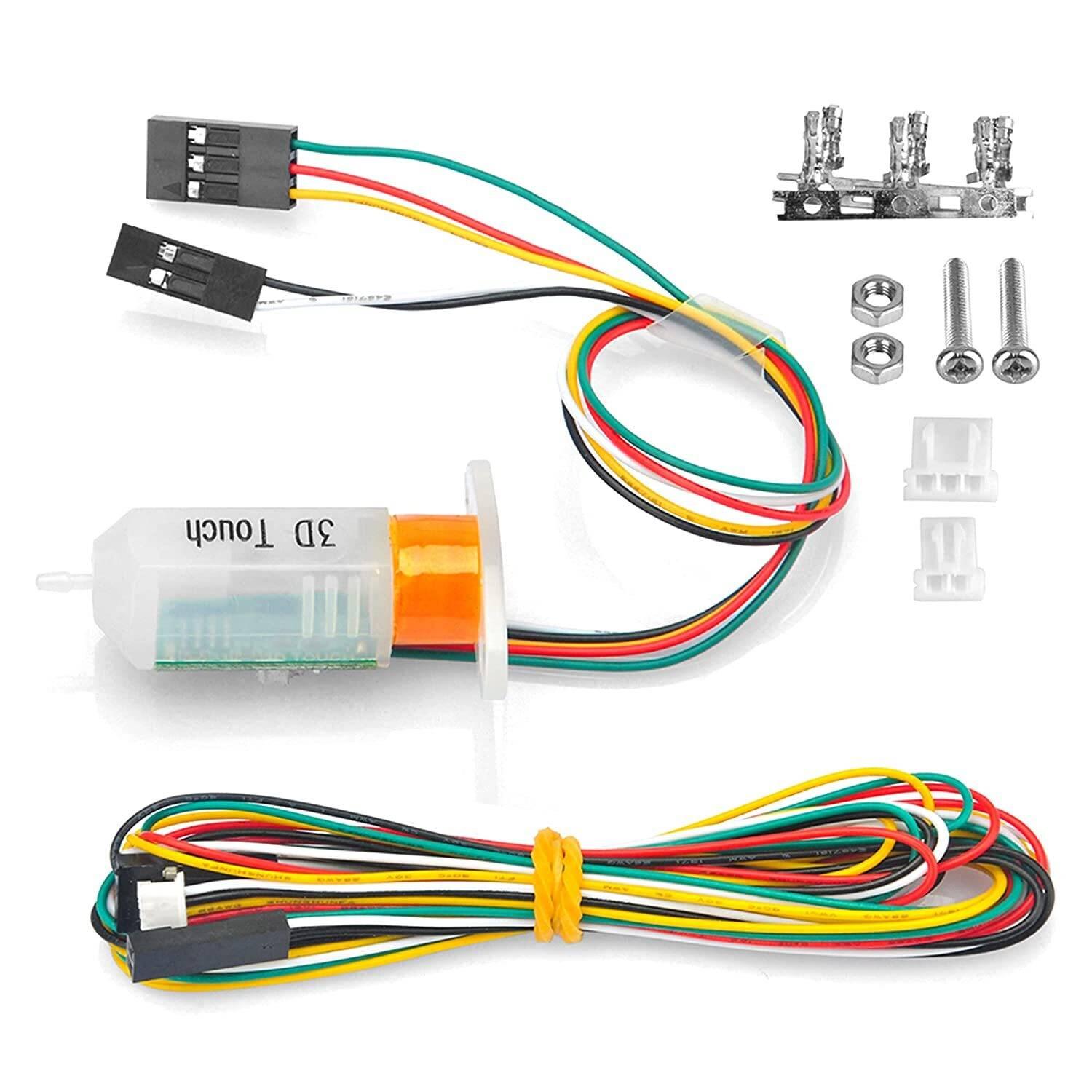 3d Touch Auto Bed Leveling Sensor For Ender 3 V2, Ender 3 Pro, Ender 3 Series, Ender 5 Pro, Ender 5 Plus, CR10 Series And Other 3d Printers - with a white and orange body, multi-colored wiring harnesses, screws, nuts, and connectors.