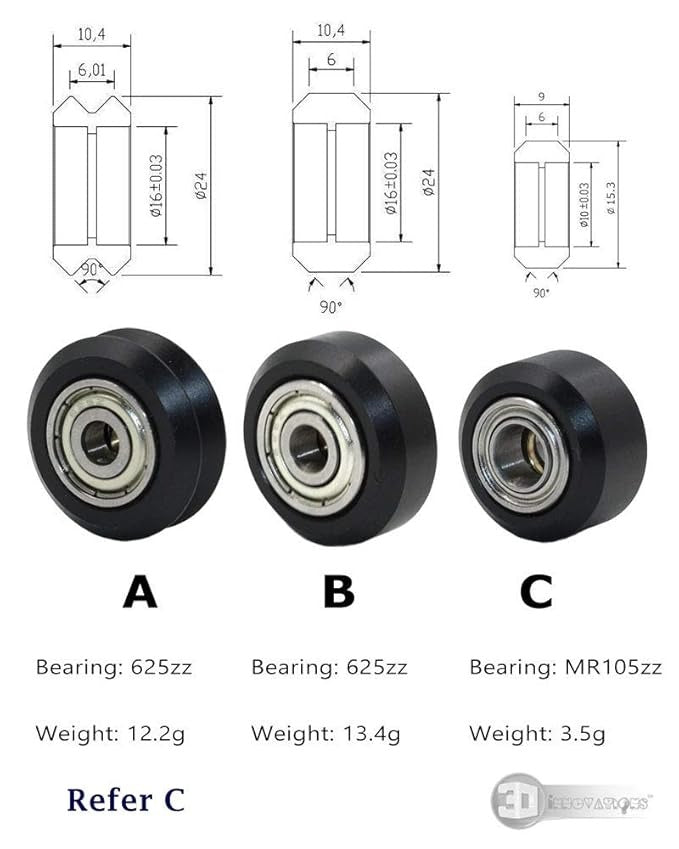 3dinnovations Openbuilds Pom Plastic Wheel Mini V With 105ZZ Bearing - shown in a technical diagram with three wheel variations, specifications, and weights.