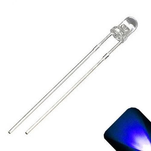 3mm Blue LED Super Bright - a single clear-lens LED component with two long metal pins and a glowing blue light effect in the bottom right corner.