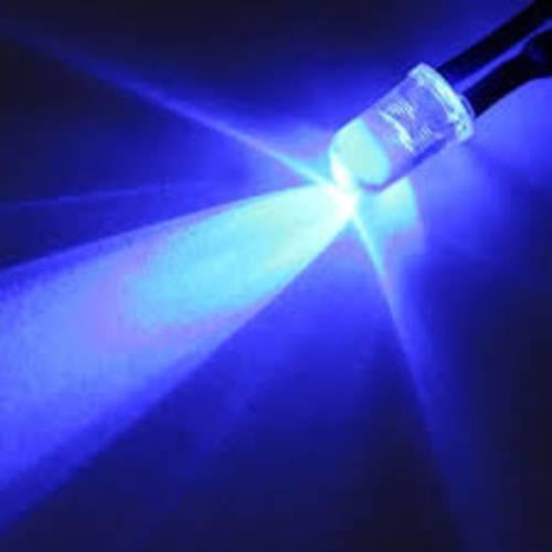 3mm Blue LED Super Bright - a close-up of a single clear-encased LED emitting a bright blue light beam against a dark background.