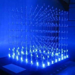 3mm Blue LED Super Bright - arranged in a glowing 3D cube structure with multiple blue light-emitting diodes connected by a wire grid.