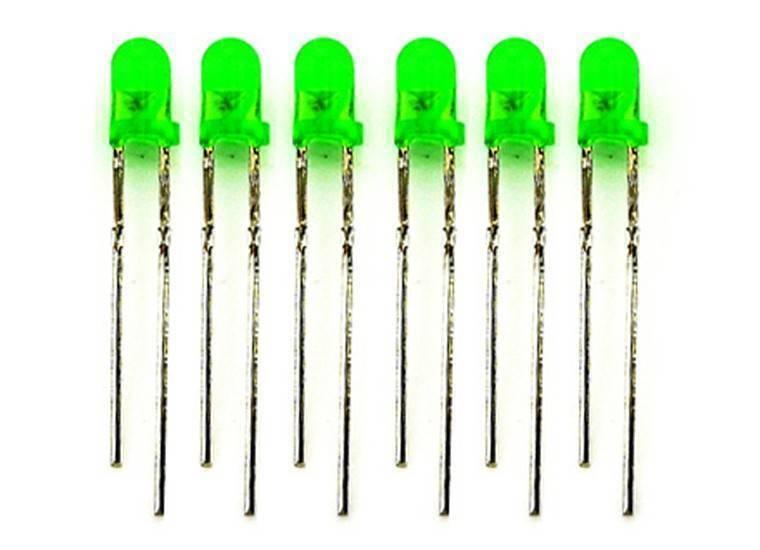 3mm Green LED - a row of six small green light-emitting diodes with two metal pins each on a white background.