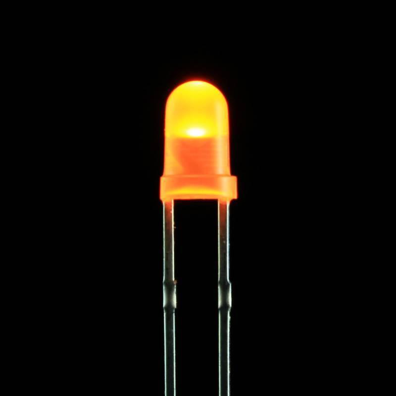 3mm Orange LED - a small round orange light-emitting diode with two metal leads, shown glowing against a solid black background.
