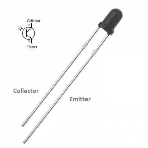 3mm Photodiode IR Infrared Receiver - shown as a black, dome-shaped component with two long metal leads, accompanied by a schematic circuit symbol.