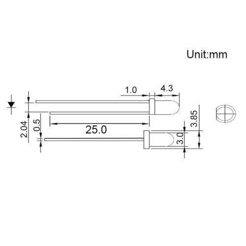 3mm Photodiode IR Infrared Receiver - shown as a technical dimension diagram with measurements in millimeters for the component and its leads.