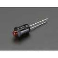 3mm Plastic Bevel LED Holder - shown as a black cylindrical mounting bezel with a small red LED bulb inserted and two metal pins extending from the back.