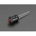 3mm Plastic Bevel LED Holder - shown as a black cylindrical mounting bezel with a small red LED bulb inserted and two metal pins extending from the back.