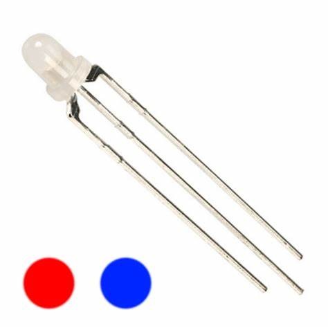 3mm Red / Blue Bi Colour Common Anode 3 Pin Diffused 2.1V LED - shown as a single three-pin LED component next to red and blue circular color indicators.