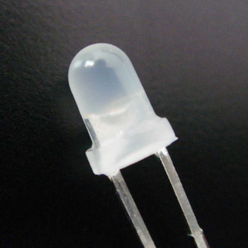 3mm Red LED - a close-up view of a single light-emitting diode with a milky white, rounded translucent plastic lens and two metal terminal pins.