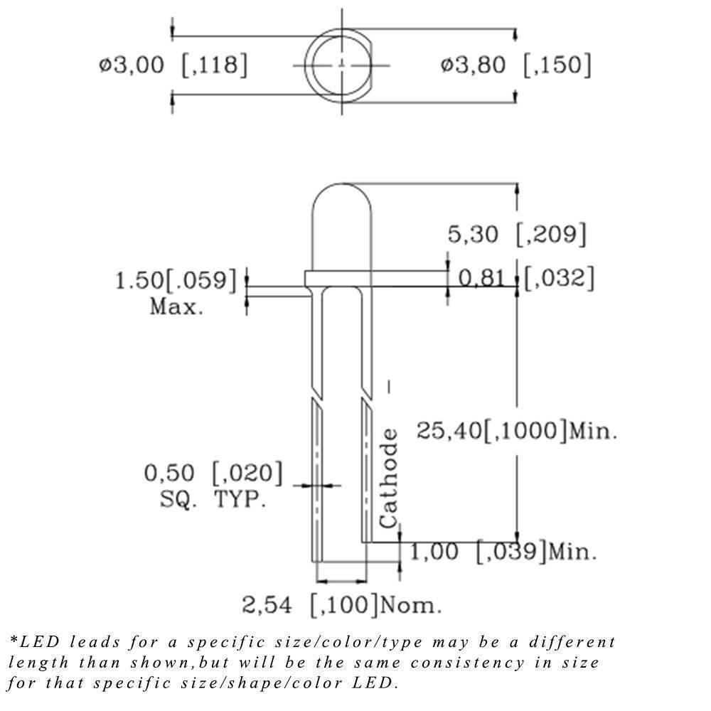 3mm Red LED Super Bright Crystal Type - a technical line drawing showing the dimensions and side profile of a standard through-hole LED component.