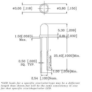 3mm Red LED Super Bright Crystal Type - a technical line drawing showing the dimensions and side profile of a standard through-hole LED component.