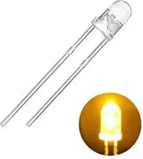 3mm Super Bright Yellow LED - shown as a clear component with two metal leads and an inset circular view of the LED illuminated in yellow.