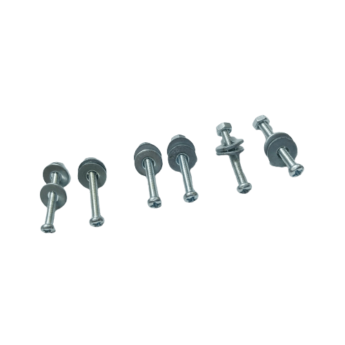3mm x 15mm M3 Long Slotted Machine Screws Plus Nut & Washer - six silver-colored metal screws arranged with their respective washers and nuts.