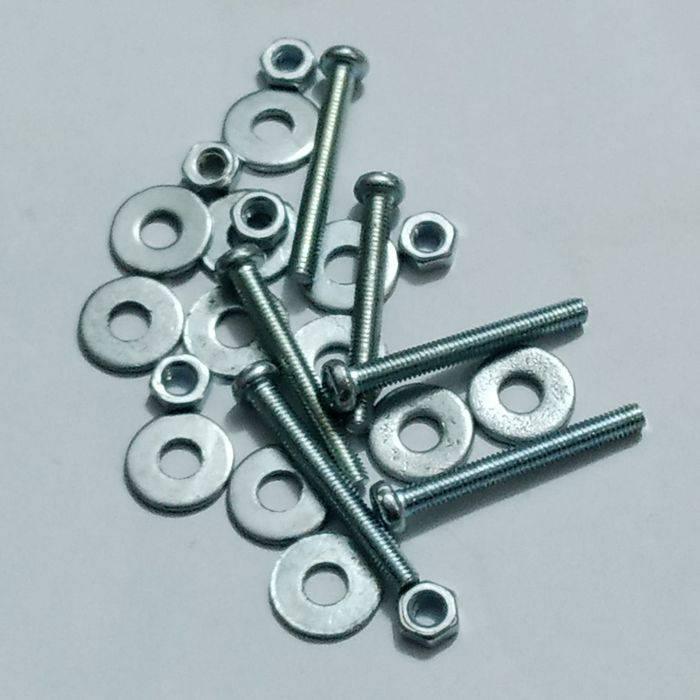 3mm x 15mm M3 Long Slotted Machine Screws Plus Nut & Washer - a top-down view of a collection of silver metal screws, nuts, and flat washers.