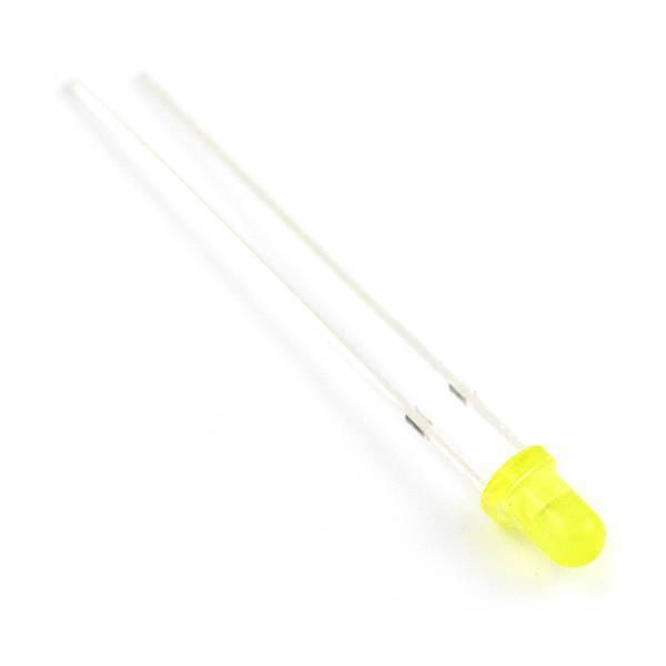 3mm Yellow Diffused LED Diode Lighting Bulb Lamp - a single yellow LED with a rounded head and two long metal connection leads.