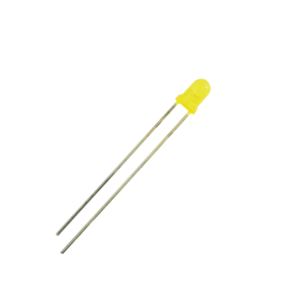 3mm Yellow Diffused LED Diode Lighting Bulb Lamp - shown as a single yellow LED component with two long metal pins extending from its base.